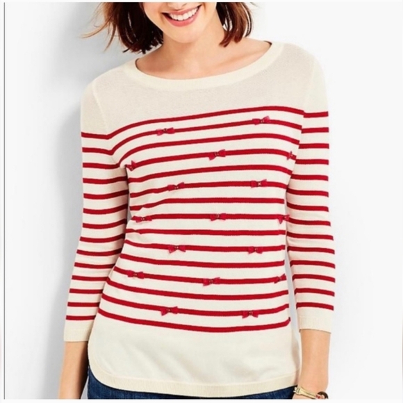 Talbots Red Striped Embellished Bow Knit Sweater Size Small NWOT - Picture 1 of 10